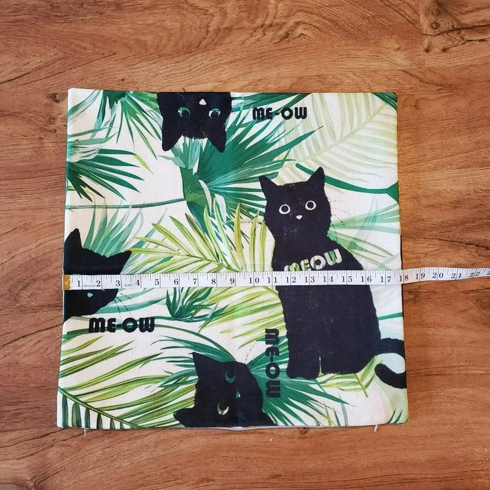 Decorative Pillow Cover, Black Cats in Ferns, Meow, Cat Lady, Canvas 18